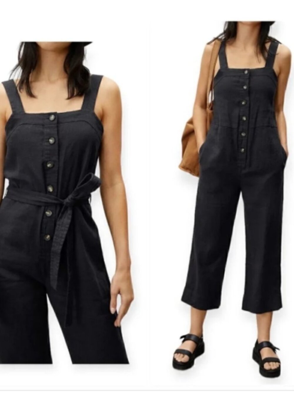 NWOT EVERLANE The Linen Jumpsuit Tie Belt Black Size 6